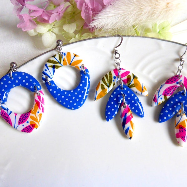 Blue dangling earring with white polka dots with multicolored leaf pattern, hypoallergenic, handmade in polymer clay for women or girls