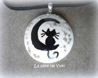 Pendant black white handmade polymer clay round