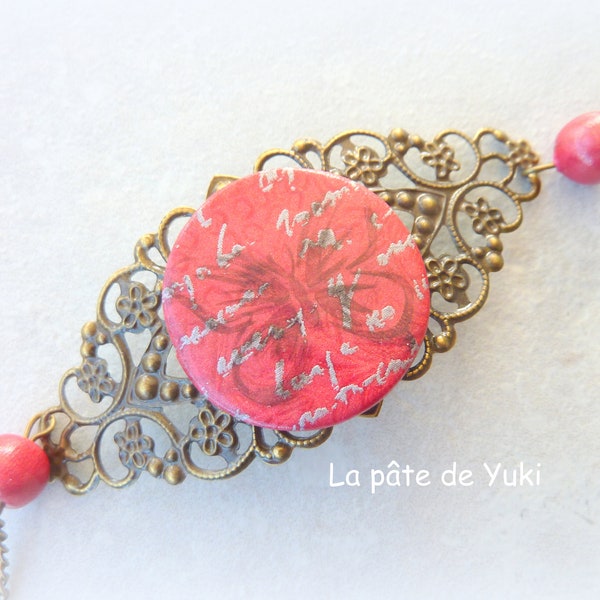 Headband en bronze de couleurs rouge rose avec motif papillon noir argenté fait-main en pâte polymère pour femme ou fille