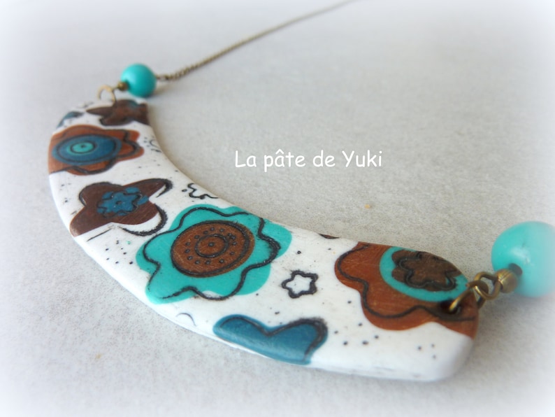 floral for women Bib necklace white brown black turquoise polymer clay handmade