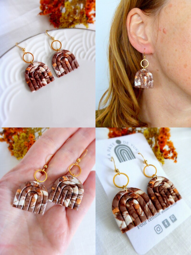 Modern earring in beige brown colors and handmade hypoallergenic copper leaf in polymer clay for women or girls image 2