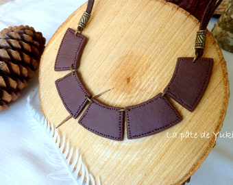 Brown breastplate necklace with imitation handmade leather in polymer paste for women or girls