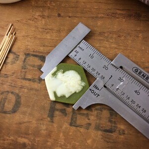 May include: A green and white hexagonal resin cameo measuring approximately 2.5 inches in diameter. The cameo features a white profile portrait of a woman with a detailed hairstyle.