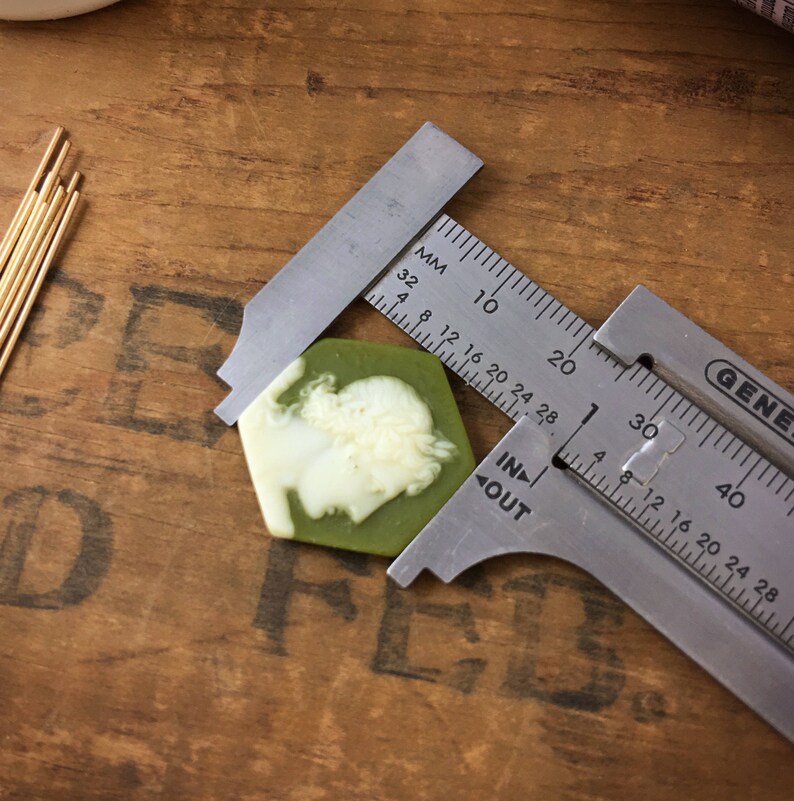 May include: A green and white hexagonal resin cameo measuring approximately 2.5 inches in diameter. The cameo features a white profile portrait of a woman with a detailed hairstyle.