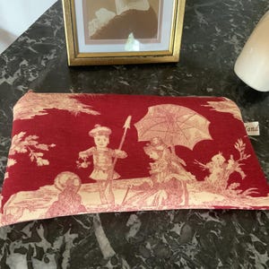 Astuccio piatto/piccola custodia con cerniera/26x15 cm/Toile de Jouy Histoires d'Eau/rosso avorio scuro/fodera a nido d'ape crema/piccolo contenitore/