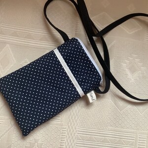 Custodia per I Phone/cotone rivestito/pois bianco navy/tasca foderata/fodera in velluto spesso e liscio/chiusura con zip/tracolla/luce