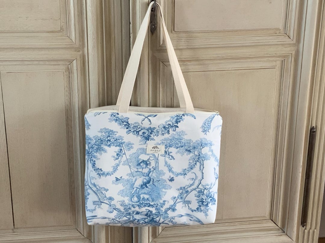 Sac Cabas/Toile de Jouy Ludivine/bleu encre fond crème/doublé