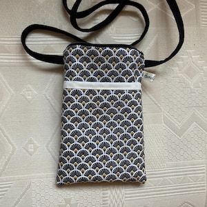 Estuche para iPhone/algodón recubierto/carcasas de mostaza blanca y negra/bolsillo delantero forrado/lona gruesa forrada/cierre con cremallera/correa para el hombro/