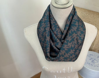 Printed polyester Snood/satin/blue duck/small beige and coral/fluid/look and touch silk/fashion accessory/scarf
