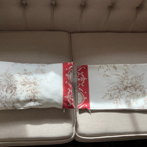 Set van twee kussenhoezen / Toile de Jouy / Cherubijnen en bloemen / rood beige ecru / sierkussens / interieurdecoratie / huis en decoratie / 37x22cm