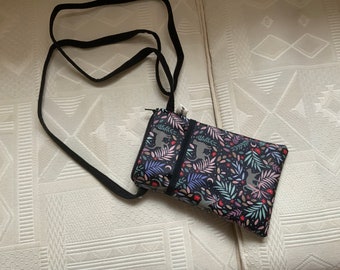 Pouch for I Phone/waterproof coated cotton/phthalate-free/front pocket/closes with zip/carries over the shoulder/smooth velvet lining