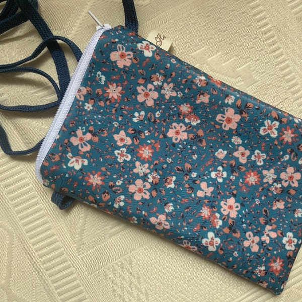 Pouch for I Phone/coated cotton/Liberty style/small pink flowers with blue background/closes with zip/shoulder strap/lined in smooth velvet canvas/