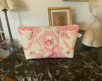 Borsa per il trucco/Toile de Jouy Ludivine/motivi rosa su sfondo crema/ricoperto/foderato a nido d'ape/26x15x6 cm/buona capacità/