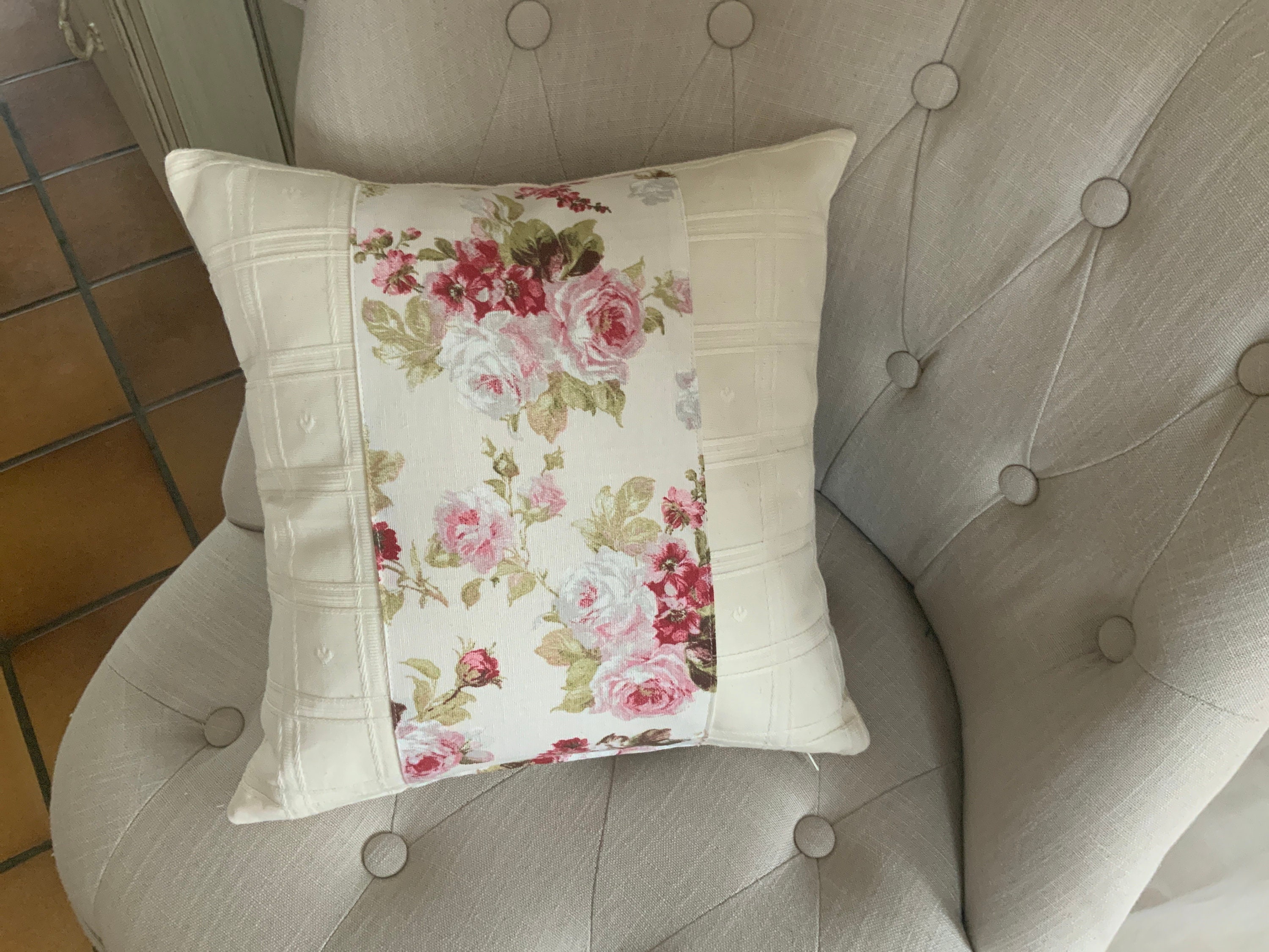 Housse de Coussin /40x40cm/Coton Ameublement Vanille/Tissu avec Des Roses/Shabby Chic/Se Ferme Par Z