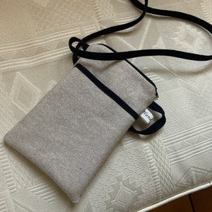 Custodia per I Phone/cotone rivestito/colore lino e paillettes/tasca frontale foderata/chiusura con zip/fodera spessa in velluto liscio/tracolla/