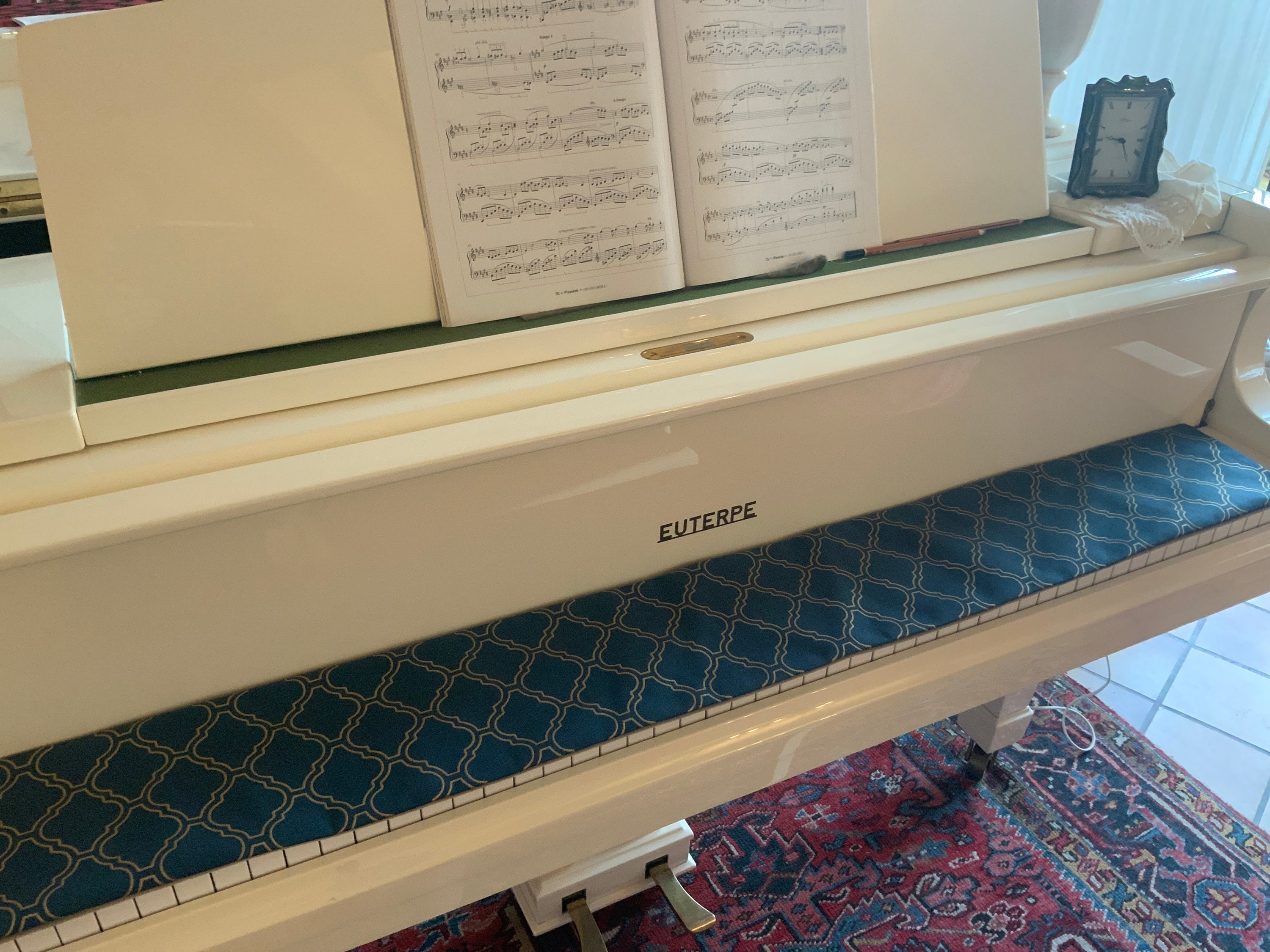 Protège Clavier Pour Piano/Numérique ou Acoustique/Bleu et Or/Motif Géométrique/Doublé Toile Épaisse