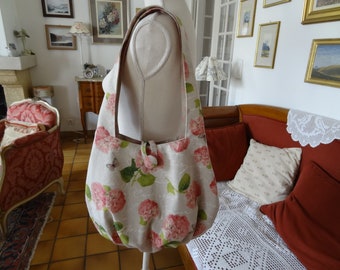 Messenger/shoulder bag / canvas linen look / with pink hydrangeas, butterflies, and white/shabby chic/ball shape style writing.