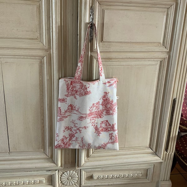 Tissu Lin Pur Toile De Jouy - Motif Récolte Rouge Sur Fond Naturel, Largeur 150 Cm, Fait En France