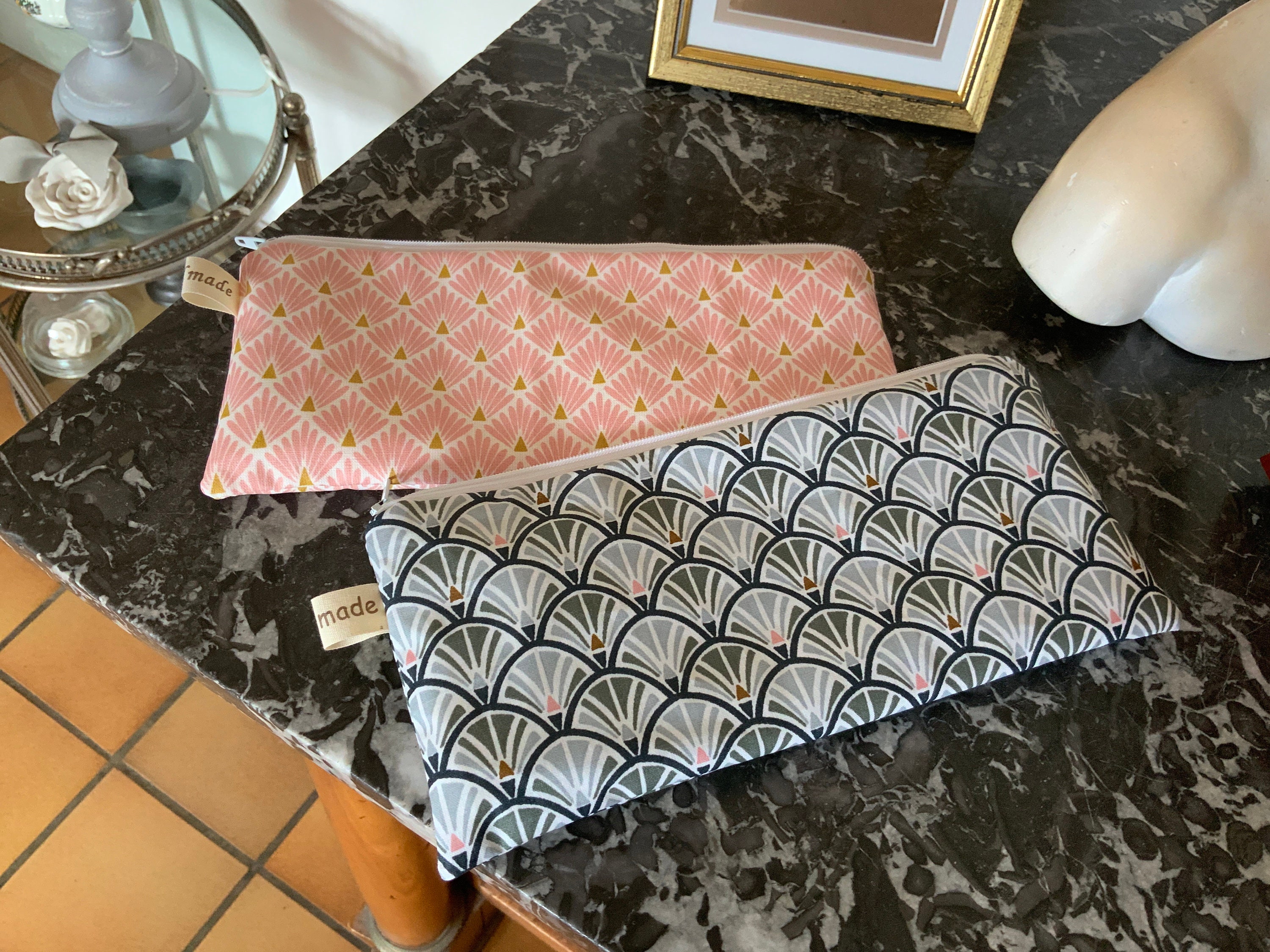 Lot de Deux Pochettes Zippées/Coton Enduit/Motifs Tendance/Doublées Toile Imperméable/24x10cm/Petits