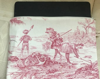 Cover for I Pad/31x25cm/Toile de Jouy Histoires d'Eau/pink ecru background/fleece/white cotton lining/tablet pouch/tablet case