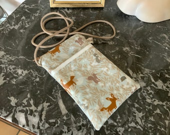 Pouch for I Phone/Waterproof coated cotton/Forest animals/thick smooth velvet lining/zip/lined pocket/worn over the shoulder/