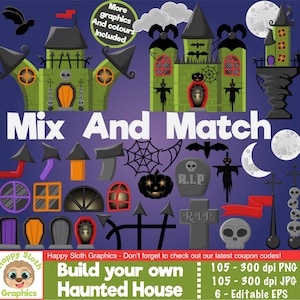 Mix and Match Halloween haunted house clipart set, personal and commercial use vector Build your own Scary house digital cli