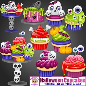 Halloween Cupcakes clipart set, persoonlijk en commercieel gebruik vector eten, Spooky digitale illustraties set.