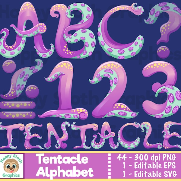 Purple Tentacle Alphabet clipart set, personal and commercial use vector, octopus Halloween Font digital clip art.