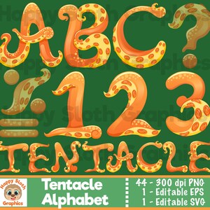 Orange Tentacle Alphabet clipart set, personal and commercial use vector, octopus Halloween Font digital clip art.