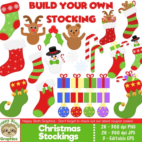 Mix and match Christmas stocking clipart set, personal and commercial use vector, Make your own clip art set.