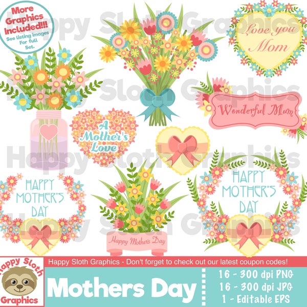 Mother’s Day clipart set, personal and commercial use vector Mothering Sunday digital clip art set.