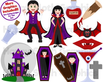 Halloween Vampires clipart set, personal and commercial use vector, Undead digital clip art set.