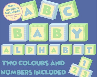 Baby Boy Alphabet block clipart set, personal and commercial use vector, Baby font digital clip art set.