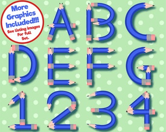 Blue pencil Alphabet clipart set, personal and commercial use vector, School Font digital clip art set.