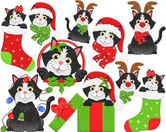 Christmas Kitties clipart set, personal and commercial use vector, Cat Festive digital clip art set.