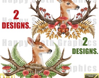 Clipart di cerbiatti e felci: download di PNG per stampa a sublimazione di cervi e boschi