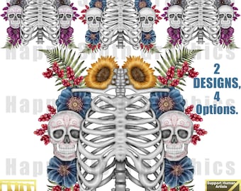 Gabbia toracica e teschi clipart: scheletro blu e giallo stampa a sublimazione PNG download
