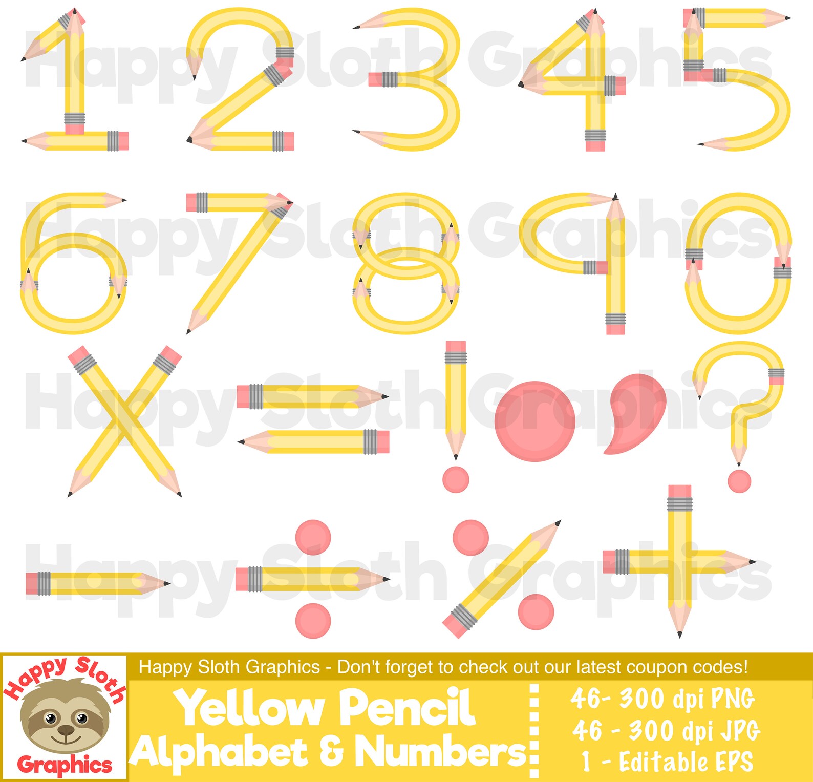 Yellow Pencil Alphabet Clipart Set, Personal and Commercial Use Vector