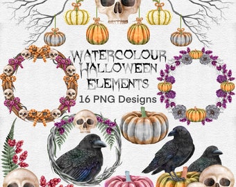 Composizioni ad acquerello gotico di Halloween, illustrazioni clipart stagionali.