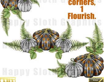 Zucche e felci clipart negli angoli: download di PNG per stampa a sublimazione.
