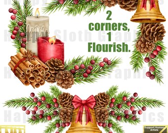 Campane di Natale, angoli clipart invernali: download di PNG per stampa a sublimazione.