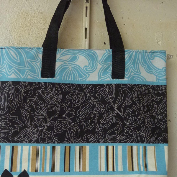 sac cabas  en coton/ lin motif fleur et rayure bleu