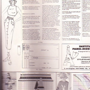 May include: A vintage fashion magazine page with a sketch of a woman in a top and skirt, alongside detailed instructions and diagrams. The text, in French, provides guidance on garment construction, titled "Conseil & Chronologie de montage."