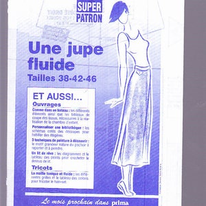 May include: A magazine cover in shades of blue features the text "Une jupe fluide" and "Tailles 38-42-46", with a line drawing of a woman in a skirt. Additional text includes "SUPER PATRON" and "MAI".