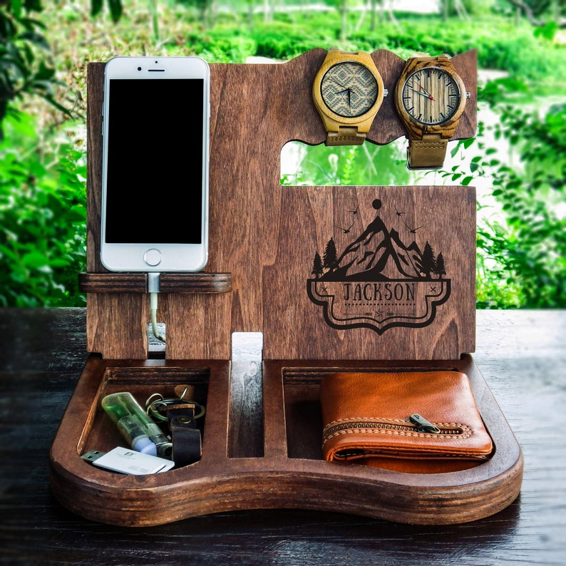 Docking Station Organizer Personalized Dock Men S Desk Phone Wood Holder