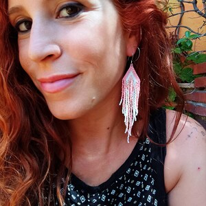 Tribal seed bead earrings, pink white fringe earrings, shamanic jewelry, goddess statement earrings, boho tribal accessories