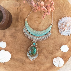 Chrysocolla Macrame Necklace: Tribal Crescent Pendant, Boho Goddess Jewelry