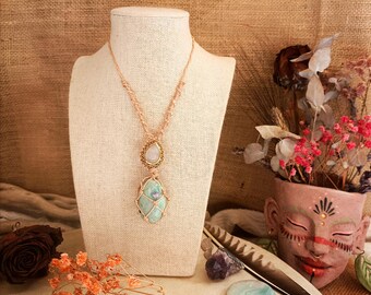Ruby fuchsite & rose quartz macrame necklace, heart chakra amulet, brass drop detail, boho beige cord, adjustable love talisman