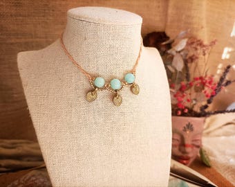 Beige macrame necklace, blue chalcedony choker, boho brass necklace, throat chakra jewelry, calming crystal necklace, dainty knot choker