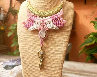 Goddess macrame necklace, crescent moon pendant, sacred feminine jewelry, boho moon priestess, rose quartz and brass amulet